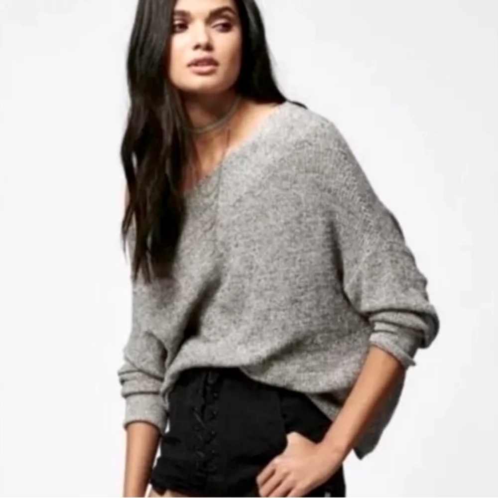Free People Alana Gray Knit Off Shoulder Slouched Boho Relax Sweater Size Small